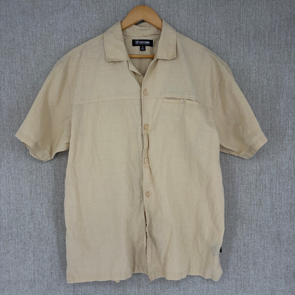 Stacy Adams Shirt Mens XL Beige Linen Blend‎ Short Sleeve Button Up Camp Pocket